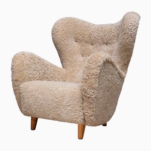 Wingback Chair in Sheepskin and Birch by Otto Schulz for Boet, Sweden, 1946