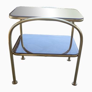 Tavolino da caffè dorato a due livelli in vetro fumé, anni '80