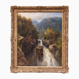 James Burrell Smith, Landscape with Waterfall, 1800s, Oil on Canvas, Framed