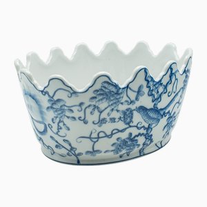 Vintage Chinese Oval Blue and White Ceramic Jardiniere, 1970s