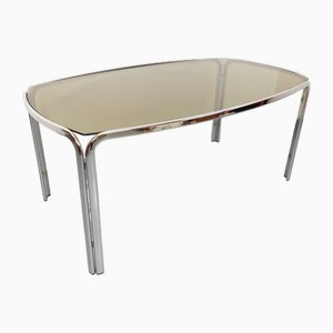 Vintage Curved Rectangular Dining Table in Smoked Glass and Chrome Metal, 1970s