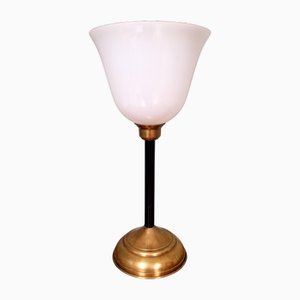 Large Art Deco Lamp in Brass and Flared White Opaline Globe, 1920s