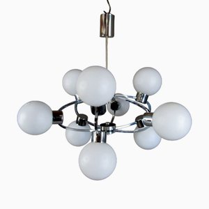 Lámpara de araña atómica Sputnik Mid-Century moderna de vidrio opalino, años 70