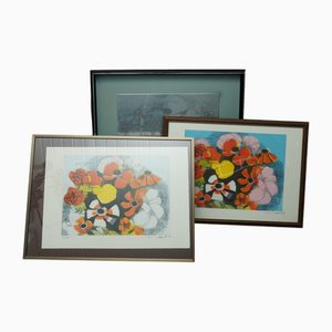 Dietmar Lemcke, Flower Still Lifes, Color Etchings & Original Printing Plate, 1976, Set of 3