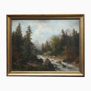 Carl Hasch, Mountain Landscape with Rapids, 1892, Oil on Canvas, Framed