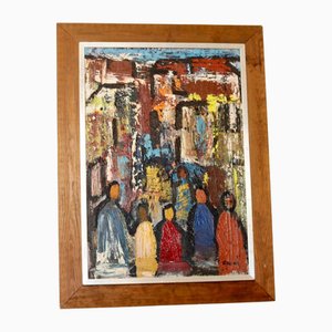 Gösta Falck, Six Figures with Red Houses, 1960s, Large Oil on Canvas, Framed