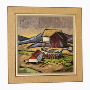 Helge Strand, House and Boats, 1950s, Oil on Canvas, Framed