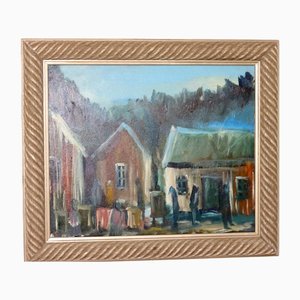 Göte Lundberg, Cabins at Dusk, 1950s, Oil on Canvas, Framed