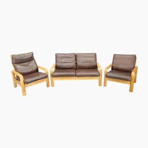 Danish Oak and Leather Living Room Set by L. Olsen & Søn, 1970s, Set of 3