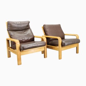 Set of Danish Armchairs in Oak and Leather by L. Olsen & Søn, 1970s