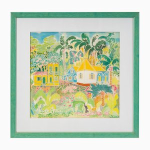 Tropical Sun, 20th Century, Painting on Silk, Framed