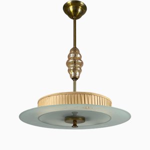 Art Deco Glass, Brass & Fabric Pendant, Sweden, 1930s