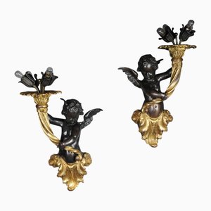 Putti Wall Lights in Bronze Gilded, 1870, Set of 2