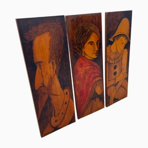 French Folk Art Painted Wood Panels, 1950s, Set of 3