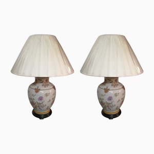 White Porcelain Lamps with Floral Decor, Set of 2