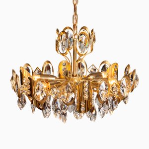 Grand Lustre en Laiton Doré et Cristal Facetté attribué à Ernest Palme pour Palwa, Autriche, 1960s