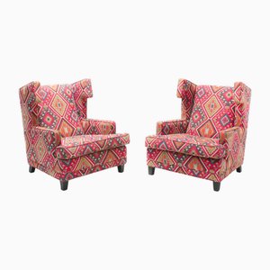 Set de Fauteuils à Oreilles en Tissu d'Ameublement Kilim, 1990s