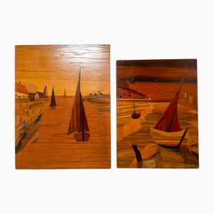 French Popular Artwork Marquetry Diptych, 1950s