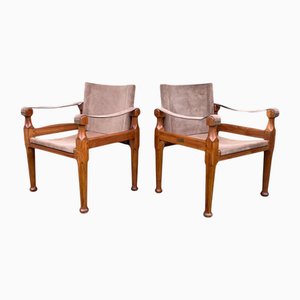 Chaises Safari à Structure Ouverte en Daim et Teck avec Accoudoirs en Sling, 2000s, Set de 2