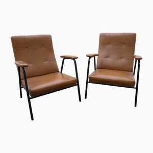 Set of Leather and Black Iron Armchairs, 1970s