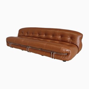 Sofá Soriana de cuero tabaco de Afra and Tobia Scarpa para Cassina, años 70