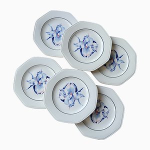Achteckige Dessertteller aus Steingut mit Irismuster von Moulin Des Loups, 1950er, 6 . Set