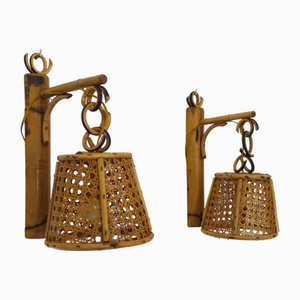 Lantern Wall Lights in Rattan and Canework, 1950s, Set of 2