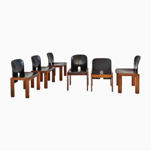 Model 121 Chairs in Leather and Walnut by Afra and Tobia Scarpa for Cassina, 1960s, Set of 6