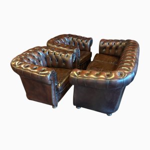 Vintage Chesterfield Brown Leather Sofa and Armchair Set, Set of 3