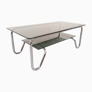 Vintage Italian Rectangular Coffee Table with 2 Tops in Smoked Glass and Chrome Metal, 1970s