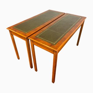 English Yew Tables with Green Leather, Set of 2