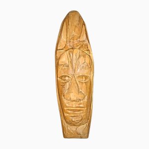 Handgeschnitzte guatemaltekische Vintage Maskenskulptur aus Holz mit Original Etikett, 1950er