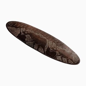 Vintage Hand-Carved African Wooden Tray with Rhinoceros and Savanna Decor, 1950s
