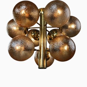 Patinated Brass Chandelier with Nine Gold-Colored Globes from Kaiser Leuchten, 1960s