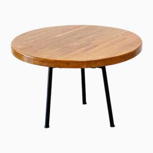 Mesa de comedor francesa industrial redonda con tablero de roble, años 70
