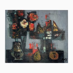 Frank Chabry, Still Life with Red Flowers, Oil on Canvas