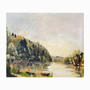 Adolphe de Siebenthal, Lago y canoa, óleo sobre lienzo
