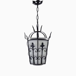 Farol en forma de jaula de vidrio blanco moldeado y hierro forjado, años 70