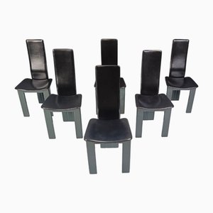 Italian Leather and Green Lacquer Dining Chairs, 1980s, Set of 6