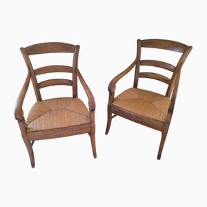 Set of Rustic Wood and Straw Armchairs, 1890s