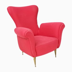 Fauteuil à Oreilles Vintage en Coton Rouge avec Pieds en Laiton, Italie