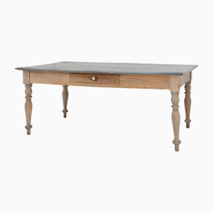 Rustic French Pine Wood Dinner Table with Zinc Top, 1850s