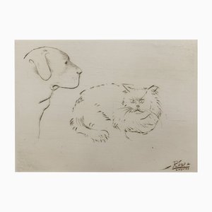Leszek Rózga, Dog with a Cat, 1988, Drypoint on Paper
