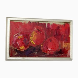 Birgit Öfverström, Bodegón con manzanas, 1965, óleo sobre lienzo, enmarcado