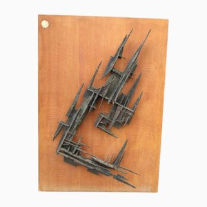 Manzali, Brutalist Wall Sculpture, 1971, Iron on Beech Panel