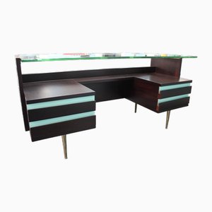 Escritorio italiano de madera laminada azul claro y superficie de vidrio grueso, 1950