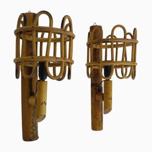 Lampade da parete a forma di lanterna in vimini di bambù, anni '60, set di 2