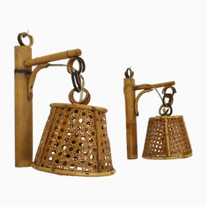 Lantern Wall Lights in Rattan and Canework, 1960s, Set of 2