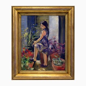 Tonino Manna, Scene in the Garden, 1990s, Oil on Canvas, Framed