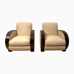 Art Deco Clubsessel aus Cremefarbenem Leder & Lackiertem Holz, 1930